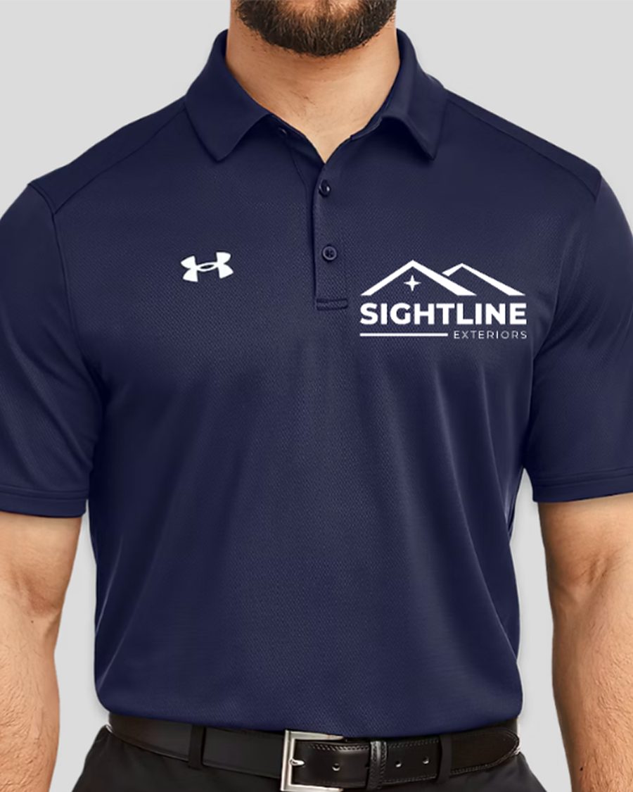Sightline Exteriors navy polo with the embroidered roofline logo