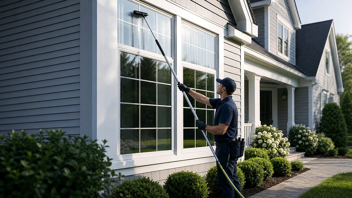 Uniformed Sightline Exteriors technician cleaning the exterior windows of a South Jersey home with a pure-water pole