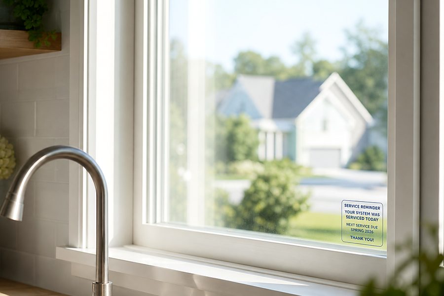 A Sightline service reminder sticker on a clean kitchen window