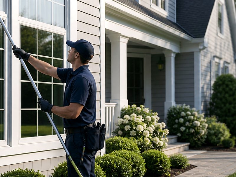 Uniformed Sightline technician working carefully at a window