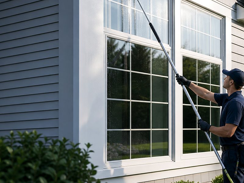 Sightline technician cleaning exterior windows with a pure-water pole